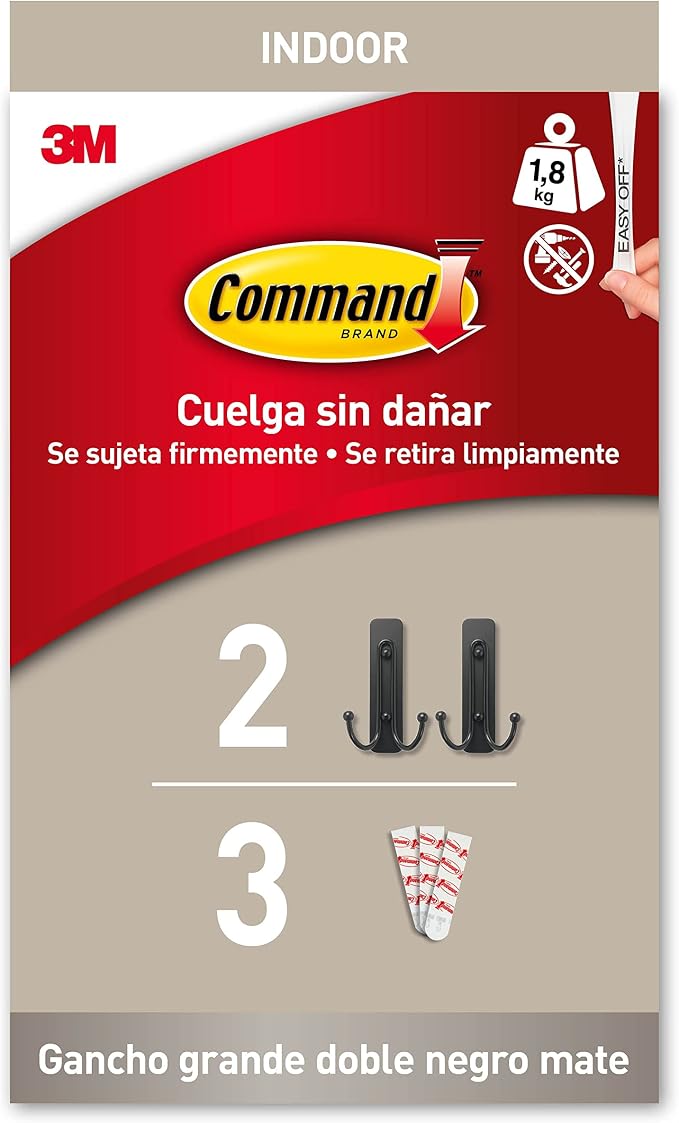 Command Decorative Hook, Matte Black Double Hook, Indoor use - 2 Metal Medium Hooks and 3 Adhesive Strips - Hang Jackets, Purses, Handbags, Backpacks, Hats, Scarves, Dog Leads - Organise Damage Free - Image 2