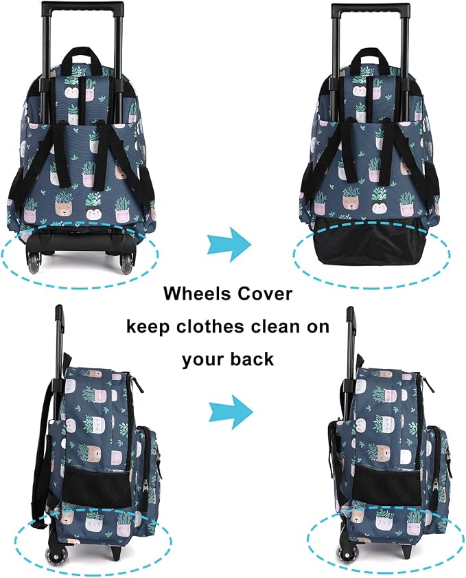 Tilami Rolling Backpack 18 inch Double Handle with Lunch Bag Wheeled Kids Backpack for Girls and Boys, Plants Blue - Image 4