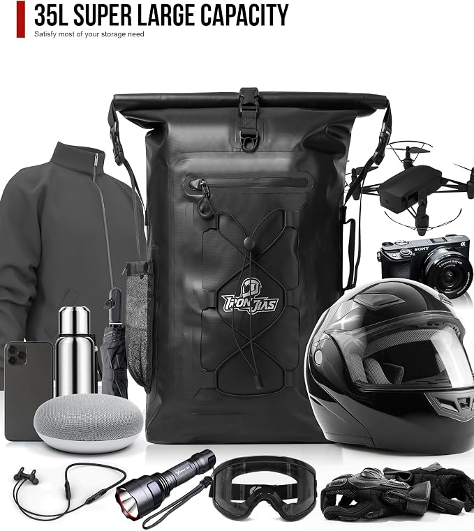 Grapelet Motorcycle Sissy Bar Bag Waterproof Motorcycle Backpack Tail Bag Travel Saddlebags 35L Duffle Bags PVC 500D Waterproof Dry Bags - Black - Image 4
