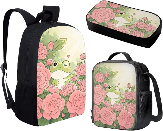 Forchrinse Frog Rose Backpack for Girls 6-8 8-10 Cute Kids Backpack with Lunch Box Pencil Case 3 in 1 Bookbag for Kindergarten Elementary Primary Schoolbag - Image 2