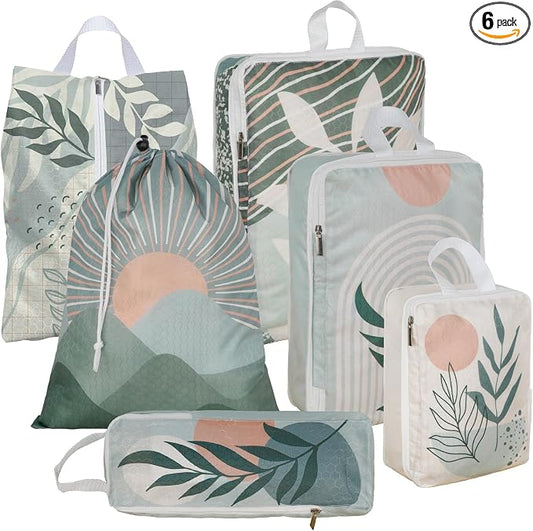 6 Pcs Compression Packing Cubes Waterproof Suitcase Travel Bag Luggage Backpack Organizer Travel Cubes for Packing-Bohemian by Unknown