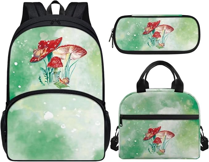 Green Mushroom Backpack with Lunch Box and Pencil Case Girls Comfy Padded Cute School Backpack Set of 3 Bookbag for Student Lightweight Large Capacity Daypack - Image 2