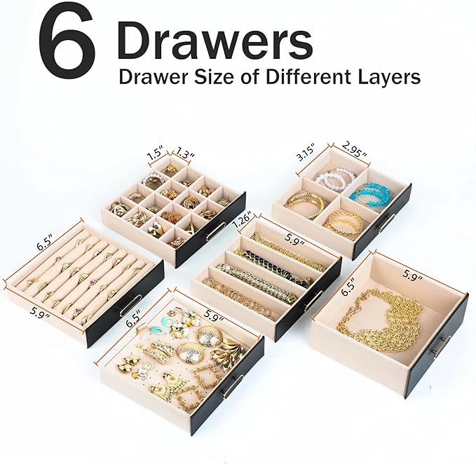 BOOVO Clear Lid Jewelry Box,6 Layers Jewelry Organizer Large Jewelry Storage Box with 6 Drawers,Jewelry Holder Organzier of Rings Earrings Necklace Bracelets for Women (Black, 6 Layer) - Image 4