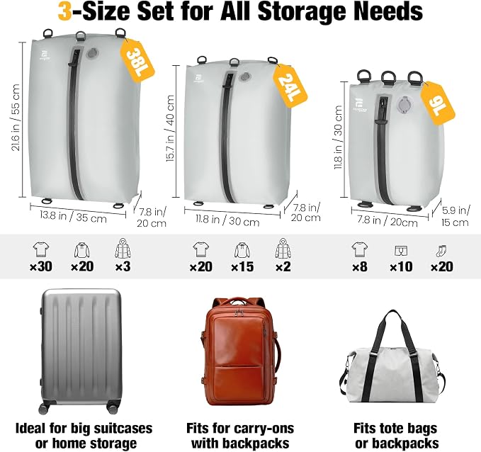 3 Pack Vacuum Bags for Travel with Pump, 3-Size Set Reusable Vacuum Compression Bags for Luggage, Space Saver IP67 Waterproof Vacuum Packing Cubes for Suitcase&Backpack, Grey white - Image 2