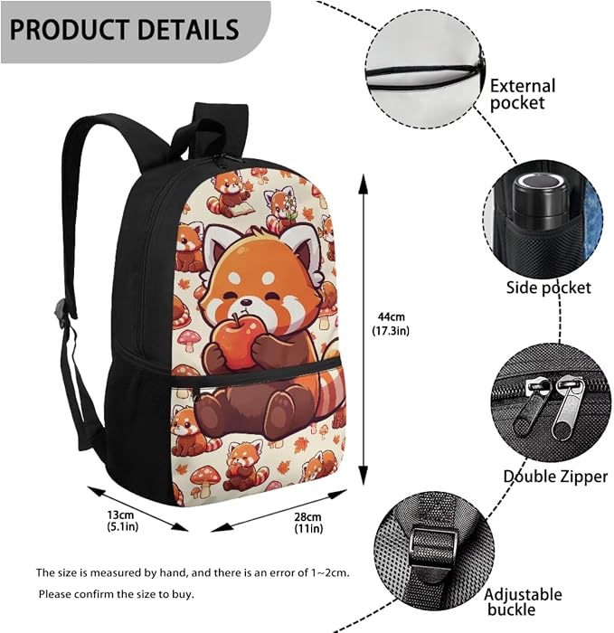 4 In 1 Kids School Combo Set - Red Panda Backpack and Lunch Box Pencil Case Water Bottle Holder for Girls Boys Back to School Supplies, Cute Animal Bookbag, Adjustable Padded Strap - Image 3
