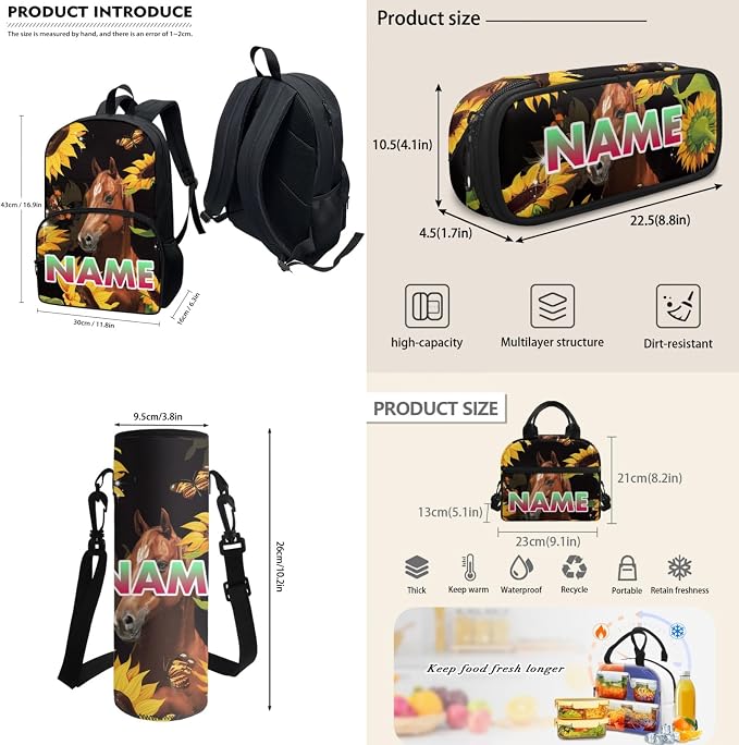 Sunflower Horse 4 Pieces/Set Kids Backpack, Yellow Flower Lunch Bag for Boys Girls, Floral Black Bookbag Insulated Lunch Box Water Bottle Carrier Bag Pen Pouch - Image 3