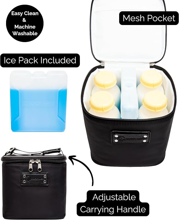 Sarah Wells Cold Gold Breastmilk Cooler Bag with Safety Tested Ice Pack – Insulated Milk Storage for Work, Travel & Daycare – Fits Bottles & Pump Parts – Durable, Washable (Black) | Fully-Lined Insulated Interior, Fits 4-6 Bottles, Zippered Lid, Great ... - Image 7