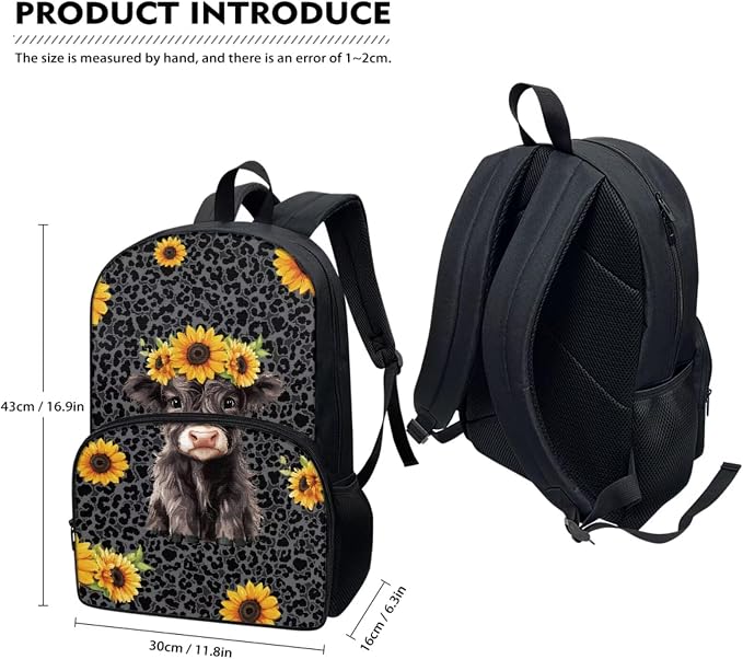 Highland Cow Sunflower Black Leopard School Backpack for Boy Girl Book Bag Waterproof Hiking Backpacks Daypack Knapsack Rucksack Pencil Bags with Zipper Lunch Box Water Bottle Holder - Image 2