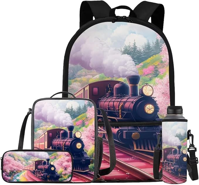 Pink Train Backpacks for Teen Girls for High School with Lunch Bag Large Capacity Lightweight Preschool Kindergarten Bookbag for Students Fashion Trend Backpack Set Daypack by Bivxisrvo