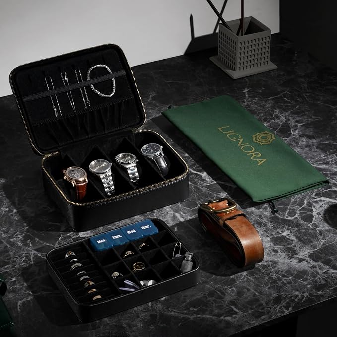Jewelry Box for Travel – Premium Leather Jewelry Box for Women & Men with Gold-Tone Zipper Hardware, Multi-Compartment Jewelry Organizer, (Black) - Image 5