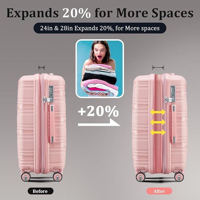 TRAVELEO 4 Piece Luggage Set PP Hardshell, Expandable Suitcase Set (20/24/28) with 14" Cosmetic Case, Lightweight Spinner Wheels with TSA Lock, Detachable Wheels for Nesting Storage (Pink) - Image 3