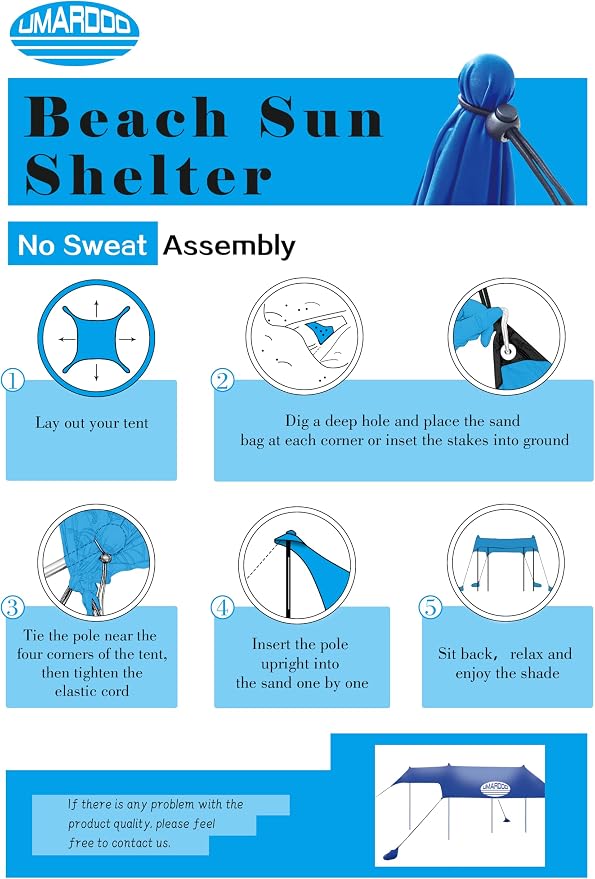 UMARDOO Family Beach Tent Canopy Sun Shade Portable 10×10FT, Large Wind Resistance Beach Sun Shelter Easy Setup with Packable Carry Bag for Outdoor Travel UPF 50+ (Blue) - Image 7