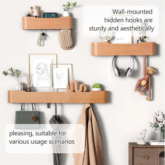 Coat Rack Wall Mount with Hidden Hooks Modern Key Holder Wood Entryway Hook with Shelf for Bedroom Kitchen Hallway Bathroom Designed for Hanging Coats Hats Bags Towels Dog Leashe(Oak,8 Hooks) - Image 7