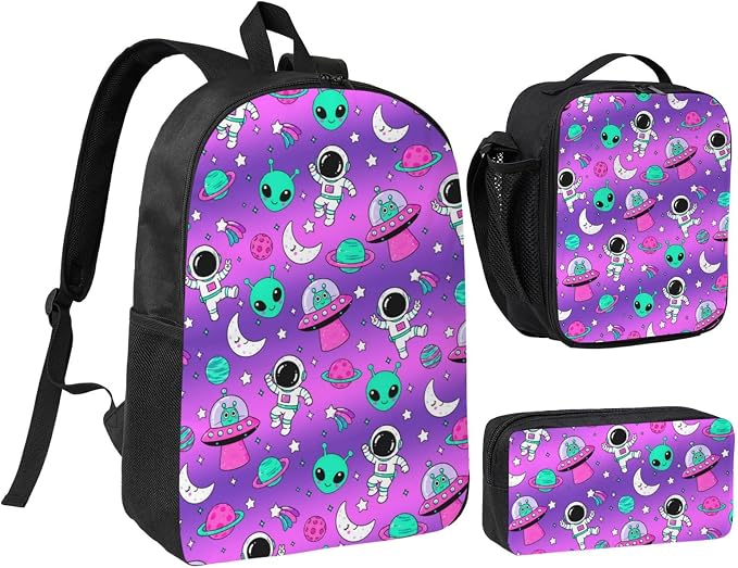 Alien Space Kid Backpack Set with Lunch Bag & Pencil Case Large Capacity School Bag 17 Inch Bookbag for Boy Girl by thmnj