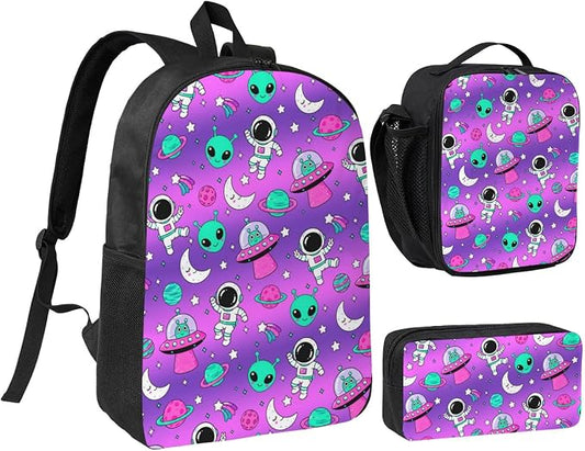 Alien Space Kid Backpack Set with Lunch Bag & Pencil Case Large Capacity School Bag 17 Inch Bookbag for Boy Girl by thmnj