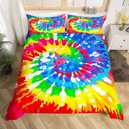 Erosebridal Tie Dye Bedding Full Size Colorful Rainbow Bedding Set with Zipper Ties Chic Hippie Style Girls Boys Duvet Cover for Adult Women Teen Tie Dye Decor Soft Microfiber Comforter Cover Set by Erosebridal