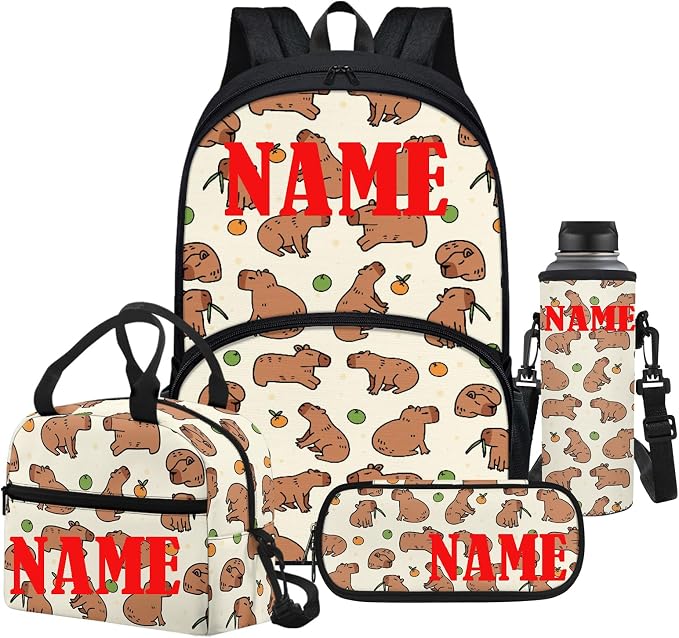 4Piece Personalized Cartoon Capybara Backpack Kids Schoolbag Sets with Lunch Box,Pencil Case Water Holder Sleeve Crossbody Bag for Boy Girl 9-10,17Inch Large Capacity Bookbag Casual Daypack by FUIBENG