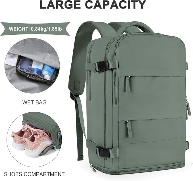coowoz Large Travel Backpack For Women Men,Carry On Backpack Flight Approved,Hiking Backpack Waterproof Outdoor Rucksack Casual Daypack Fit 15.6 Inch Laptop Shoes Compartment,30L(Olive Green) - Image 4