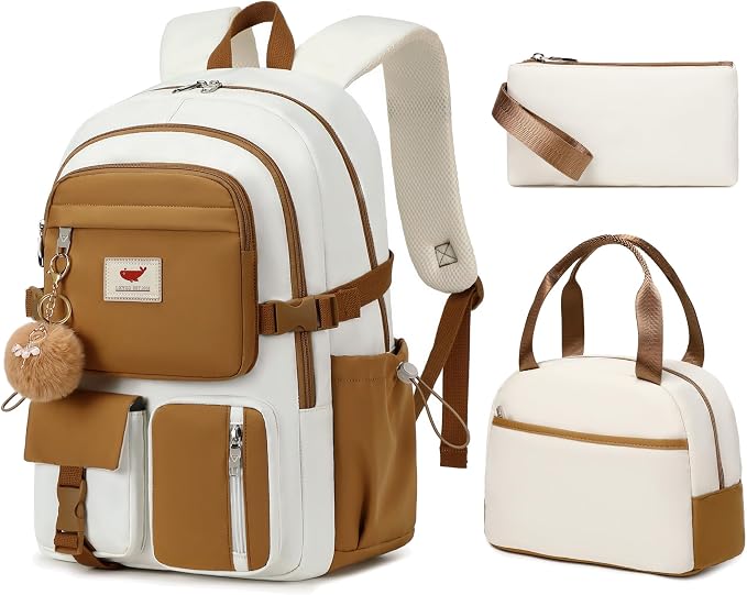 Laptop Backpack 15.6 Inch Elementary Middle High School Bag College Backpacks with Lunch Box Pencil Pouch 3 PCS Set Travel Bookbags for Teens Girls Women Students (Beige Khaki) by LXYGD