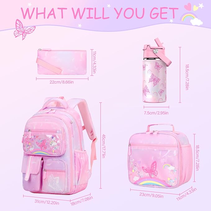 ACESAK Kids School Backpack for Girls, Rainbow Bookbag Backpack with 14OZ Water Bottle, Lunch Bag Set for GirlsTeens Middle Student, Girls Backpacks for School (Pink) - Image 2