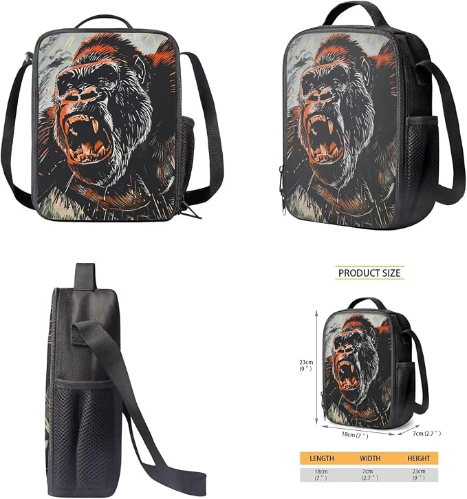17 Inch Animal Print School Backpack And Lunch Box Set for Kids Lightweight Roaring Gorilla Backpack for Boys Girls Sturdy School Bag with Insulated Lunchbox Pencil Case Student Bookbag - Image 5