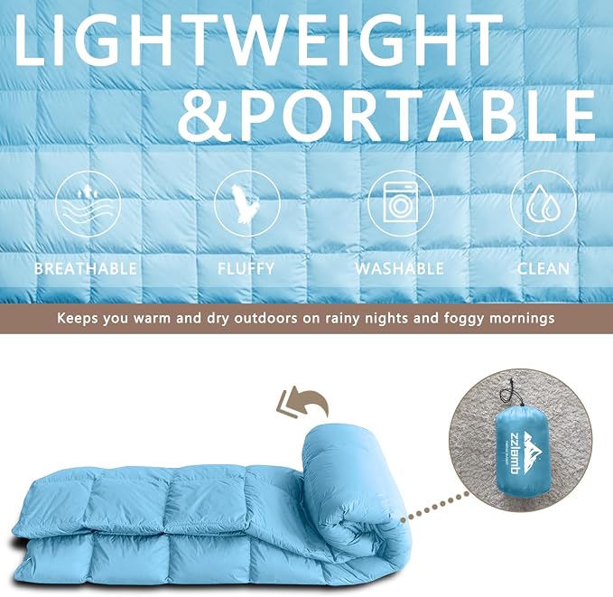 zzlamb Puffy Down Camping Blanket Water-Repellent, Down Throw Travel Blanket Portable for Outdoor, Light Warm Quilt for Couch Plane Car Theater Stadium Picnic RV Backpacking Hammock - Image 5