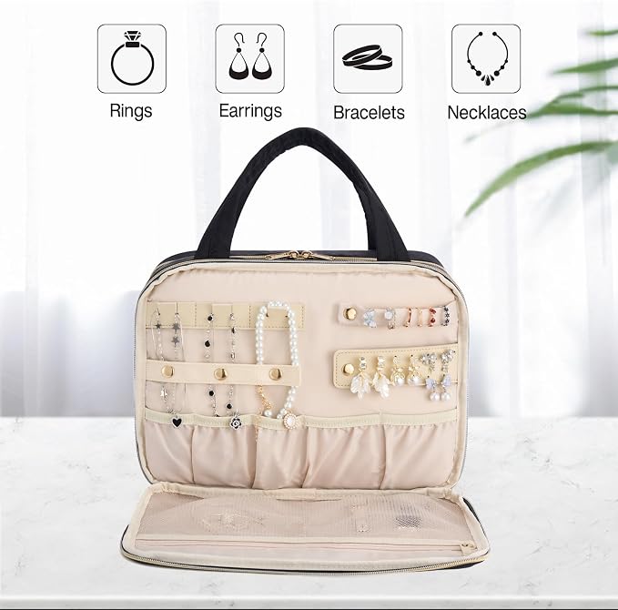 Hanke Hanging Travel Toiletry Bag for Women with Jewelry Organizer Compartment, Travel Essentials Toiletries and Makeup Bag, Water-Resistant & Stain-Resistant with Trolley Strap (Black) - Image 3