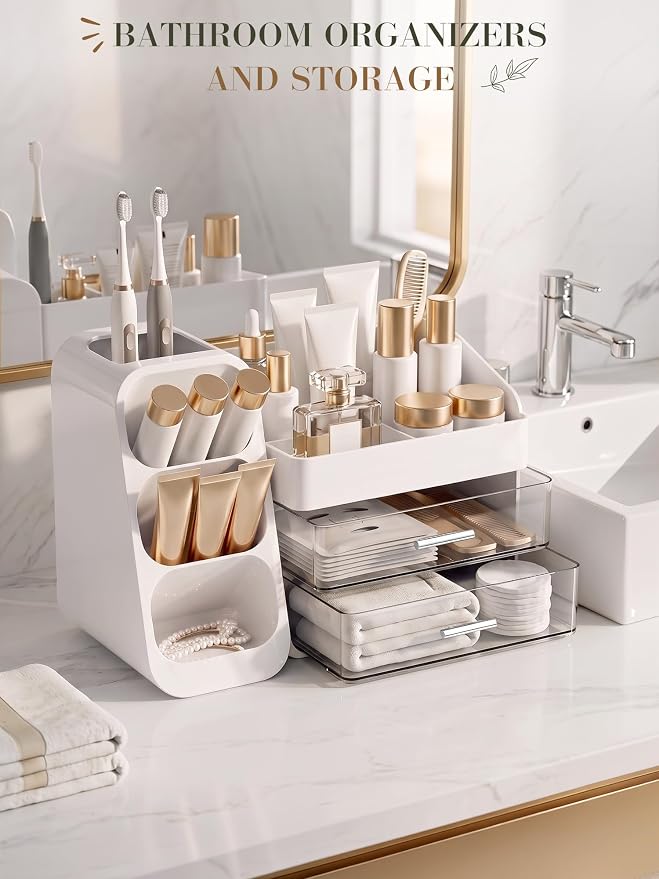 Makeup Organizer for Vanity - Large Skincare Organizers Countertop, Cosmetic Organizer with Brush Holder and 2 Drawer, Makeup Storage for Lipsticks, Nail Polishes, Eyeshadow Palettes, White - Image 5