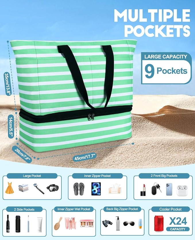 ISEYOU Beach Bag with Cooler, 49L Large Waterproof Sandproof Tote with Zipper, Foldable Travel Bag for Beach, Pool, Picnic - Image 5