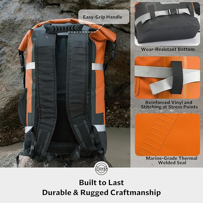 STOVER 30/40/55L Waterproof Dry Backpack & Phone Case- X-Large Floating Dry Bag for Kayaking, Travel, Hiking, Fishing, Camping, Motorcycles & Beach, Heavy-Duty Roll Top Men/Women (Orange) - Image 6