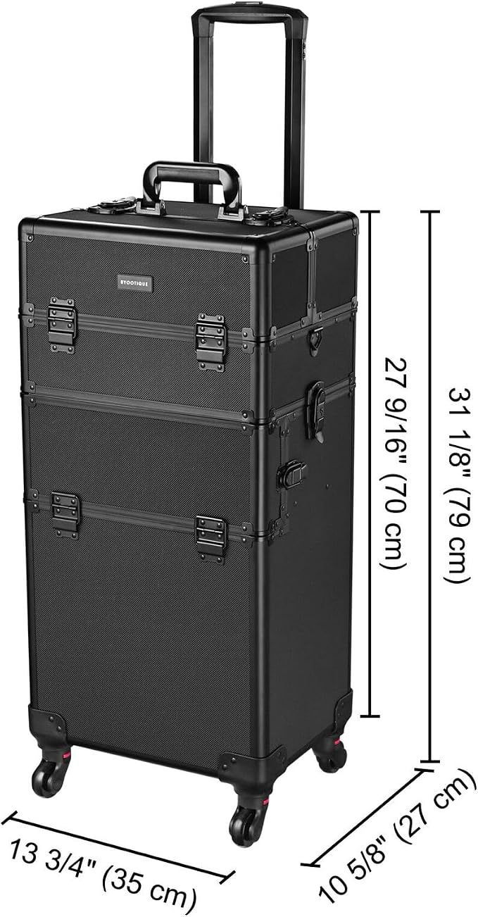 Pro Makeup Rolling Beauty Cosmetic Customizable Train Case Storage Compartment with Wheels and Telescoping Handle and Strap (Black) - Image 6