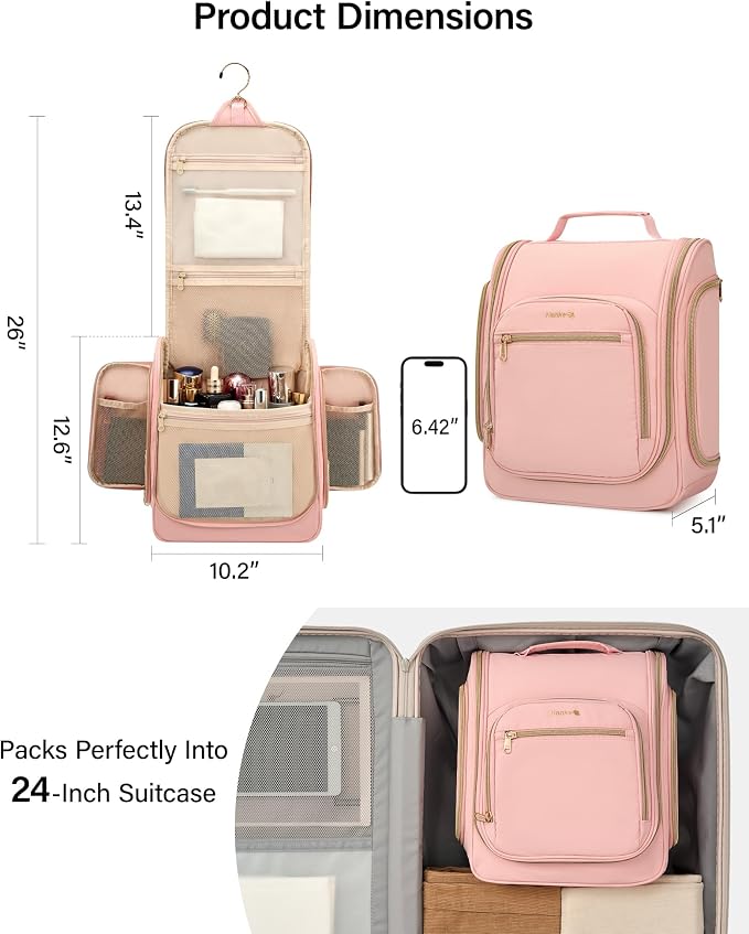Hanke Hanging Travel Toiletry Bag for Men and Women, Water-Resistant Toiletries Bag Makeup Organizer with Hook, Cosmetic Bag for Bathroom & Travel Essentials Accessories, Pink - Image 2