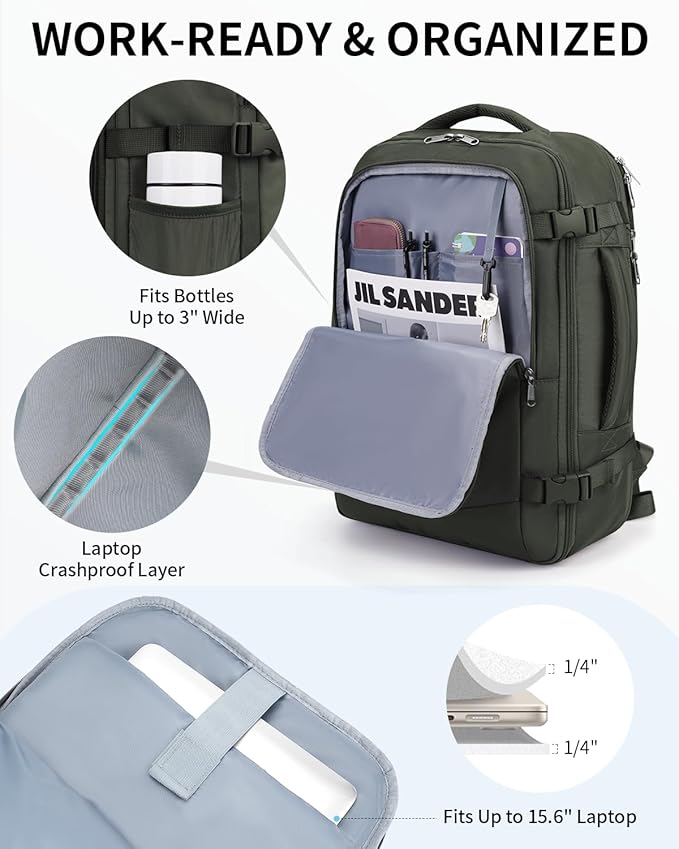 ECOHUB 17" Small Unisex Travel Backpack United Airlines Approved 17x10x9 Friendly Suitcase Anti-Theft Lockable Zippers Style Personal Item Bag Travel Essentials with 12 Pockets Water Resistant, Green - Image 5