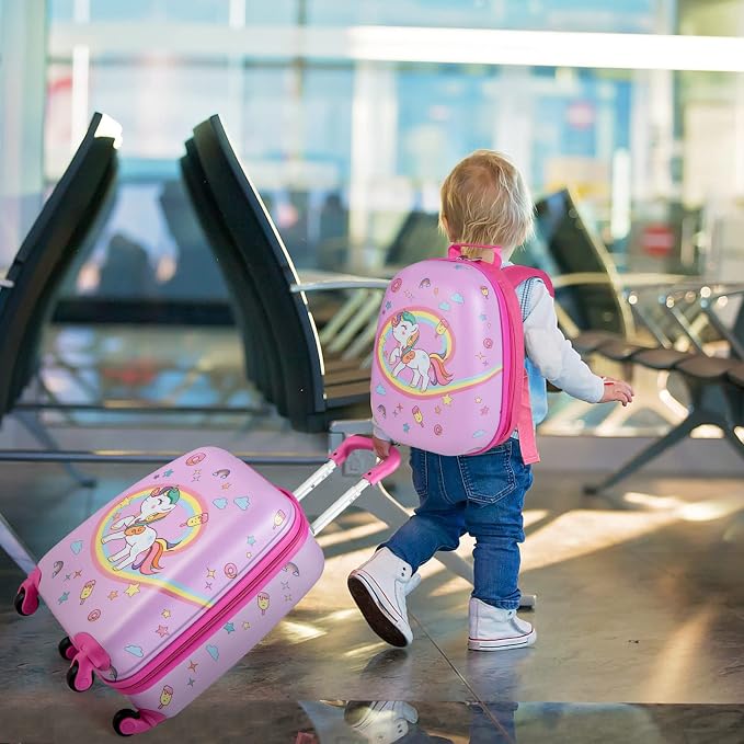 HONEY JOY Kids Luggage, 12" Toddler Backpack & 16" Travel Suitcase with Wheels, Lightweight Toddler Girls Suitcase, Durable ABS Hardshell, 2Pcs Carry On Luggage Set for Boys Girls(Pink Horse) - Image 3