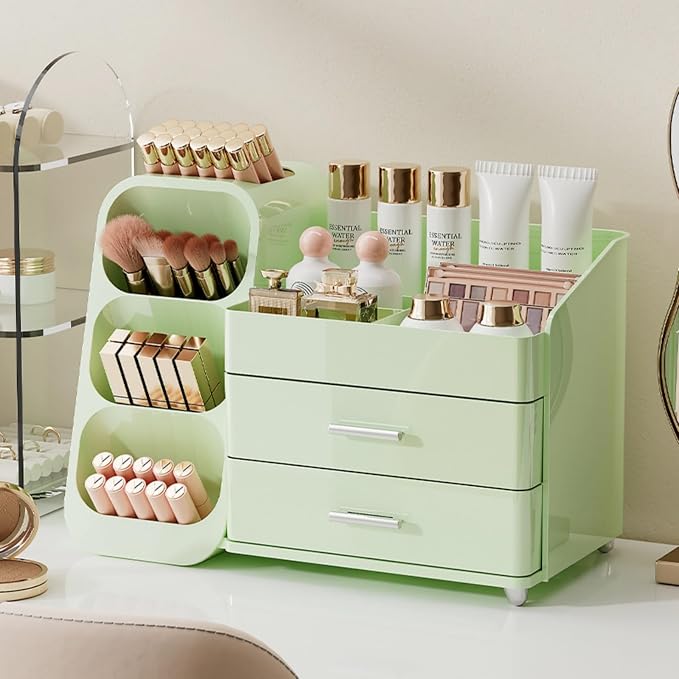 Booklov Large Makeup Organizer for Vanity and Bathroom Countertop, Green | Plastic Cosmetic Display Case with Drawers, Beauty Brush Holder for Dresser Counter Skin Care Eyeshadow Lipstick Storage by Booklov