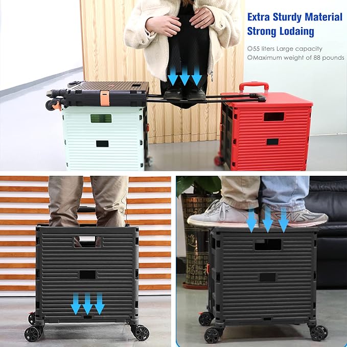 Quick Utility Cart Folding Portable Rolling Crate Handcart with Lid with Durable Heavy Duty Plastic Telescoping Handle Collapsible 4 Rotate Wheels for Travel Shopping Moving Luggage Office Use-Green - Image 7