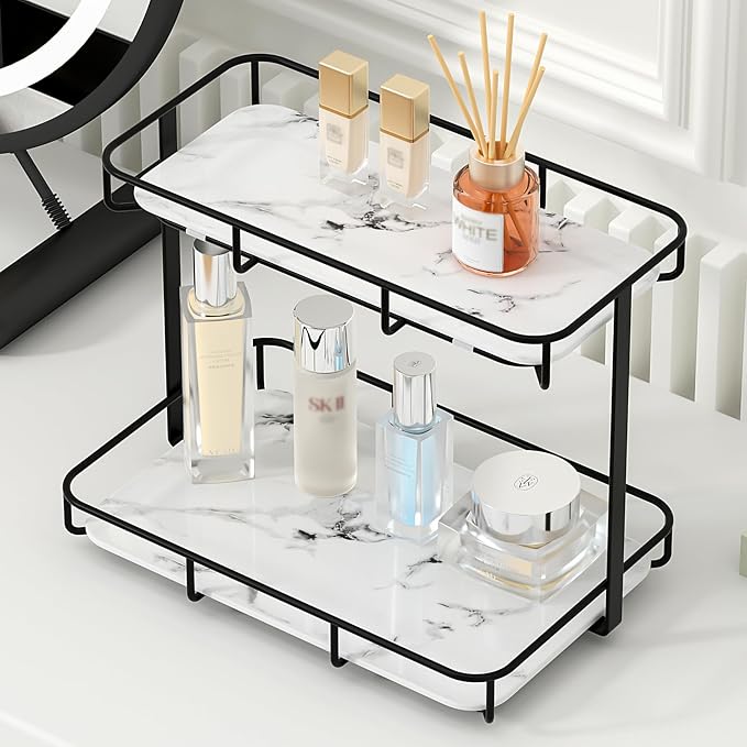 Bathroom Organizer Countertop Perfume Organizer Makeup Organizer Cosmetics Storage Display Rack Vanity Tray Dresser Stainless Steel Gold Shelf White Marble Ceramic Tray by Dobbyby