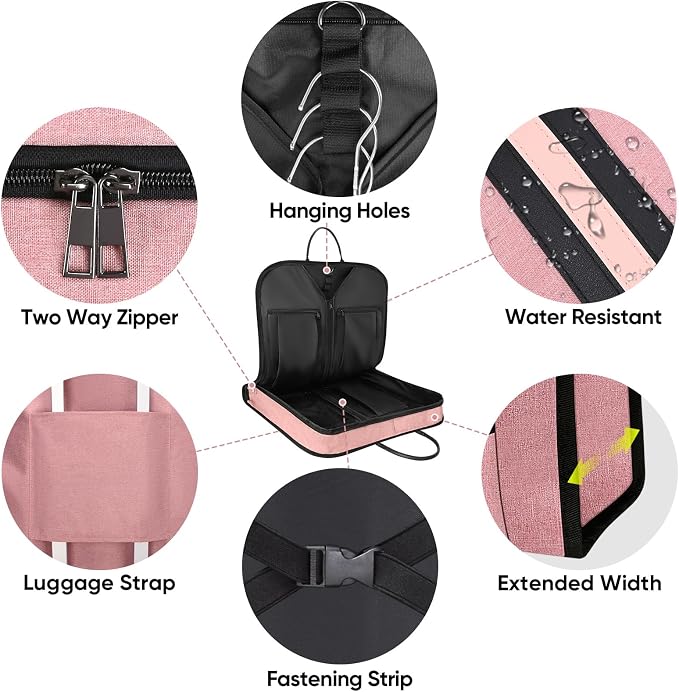 BALEINE Travel Garment Bag, Travel Suit Bag for Men, Water Resistant Carry on Garment Bag for Hanging Clothes, Garment Duffel Bag for Travel Business (Pink, 48") - Image 2