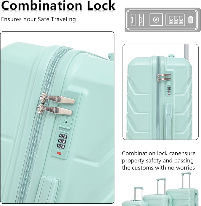 3-Piece ABS Spinner Luggage Set (20" 24" 28") with Combination Lock, Matching Hardshell Suitcases, Mint Green - Image 5