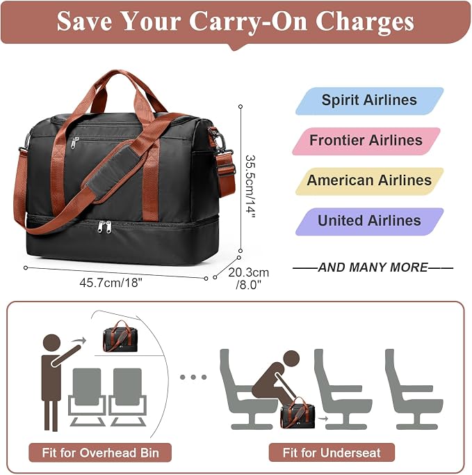 Travel Duffel Bag,Carry-On Overnight Weekender Bags with Shoes Compartment | Travel Bag with Wet Pocket & Luggage Sleeve, For Spirit Airlines 18x14x8 Personal Item Bag,Small,Black & Brown - Image 2