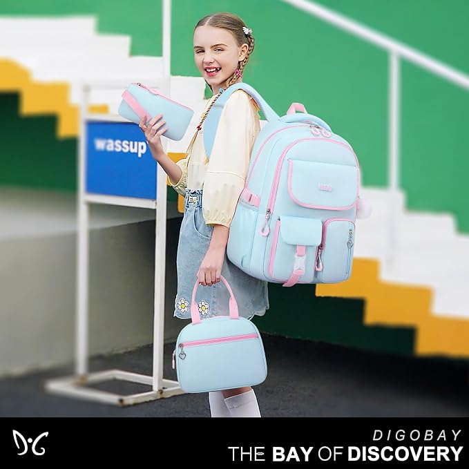 DIGOBAY Backpacks for Girls, 3PCS School Backpack with Lunch Box Pencil Pouch for Teen Girls Kids Elementary Primary Middle High College Travel School bag Bookbag Set Aquamarine-pink - Image 7