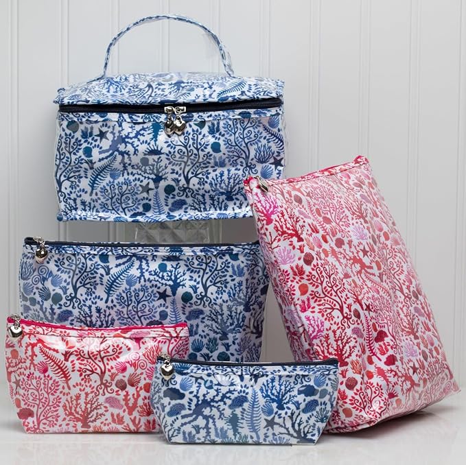 Jacaranda Living Vanity Cosmetic Bag – Train Case with Handle, Water-Resistant PVC Lined Cotton, Travel Organizer, Splash-Proof Summer Cosmetic Bag – Blue Seashells - Image 4