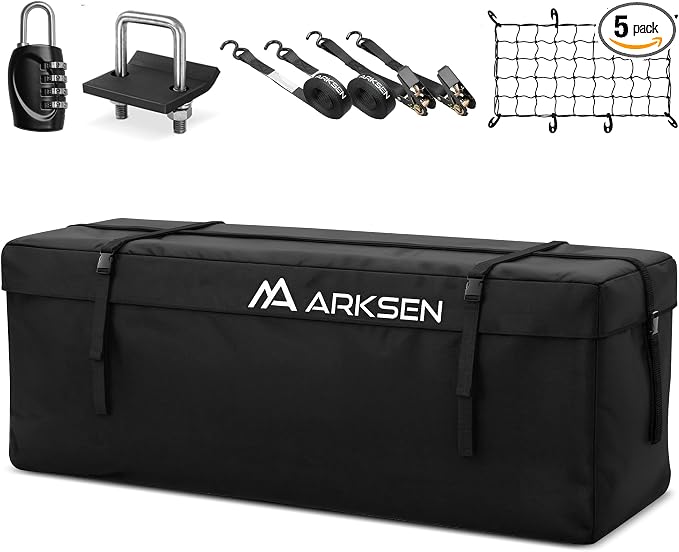 ARKSEN 600D PVC Waterproof Roof Cargo Bag with Lock, Nylon Net, Hitch Stabilizer, 2 Ratchet Straps for SUV, Truck, Van with/Without Rack by ARKSEN