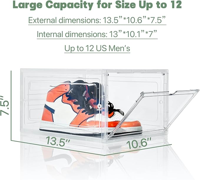 ZLLZUU Shoe Shoe Storage Boxes, 6 Pack Stackable Shoes Organizer Clear | Clear Drop Front, Dustproof Visible Magnetic Door, Stackable, Fits Up to Men's Size 12 High-Top Sneakers, Easy to Assemble - Image 3