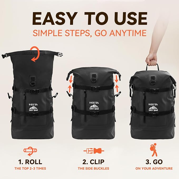HEETA Dry Bags Waterproof Backpack 40L for Men & Women, Roll Top Heavy Duty Cushioned Hiking Backpack for Kayaking Boating Paddle Boarding Fishing Travel Camping Beach Vacation Cruise Ship Essentials - Image 3