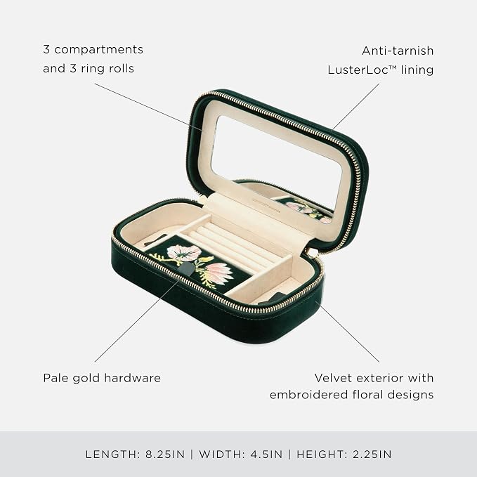 WOLF Zoe Travel Zip Case, Forest Green - Three Ring Rolls, Medium Compartment with Cover, Two Small Compartments & Mirror - Anti-Tarnish LusterLoc Lining - Image 4