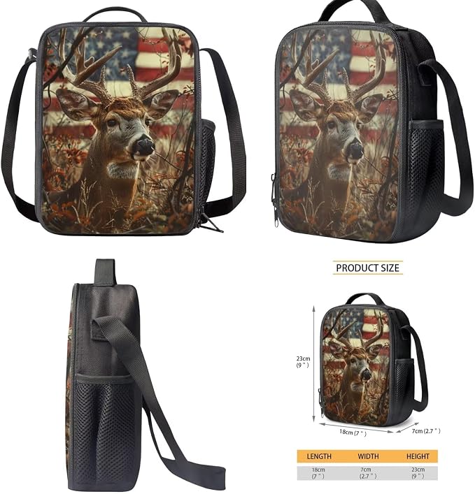 American Flag Deer School Backpack for Teens Girls with Lunch Box Hunting Elementary Student Bookbag for Kids 10-12/12-14/8-10 Lunch Bag Middle Schoolbag Lunchbox Pencil Case Book Bag Set - Image 5