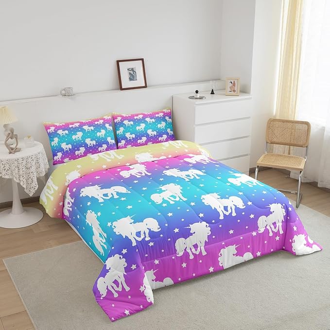 2 Piece Unicorn and Stars Bedding Set Twin Size,Tie Dye Pastel Comforter Sets Rainbow Printed Duvet Sets for Kids Girls Teens,Girly Sweet Colorful Down Comforter Bedroom Decor with 1 Pillow Case - Image 2