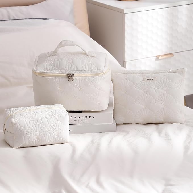 RSRSLEII 3Pcs Quilted Cotton Coquette Makeup bag, Coastal Granddaughter Aesthetic Cosmetic Bag, Cute Seashell Portable Travel Toiletry Pouch (08 3Pcs White) - Image 6