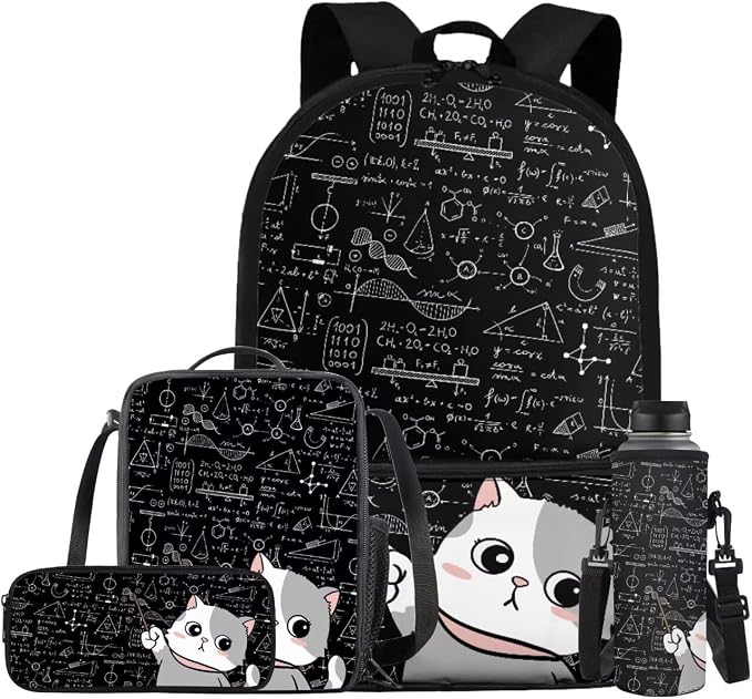 Cat Backpack for School Girls Backpack with Lunch Box Water Bottle Carrier with Strap and Kawaii Pencil Case 4 in 1 Cute Bookbag with Front Pocket 17 inch Large Elementary School Bag for Kids by ELEDIZI